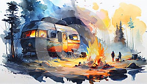 Camping with campervan in wilderness watercolor