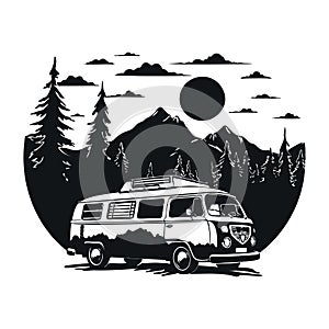 Camping car - retro van on mountains background.