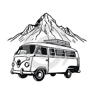 Camping car - retro van on mountains background.