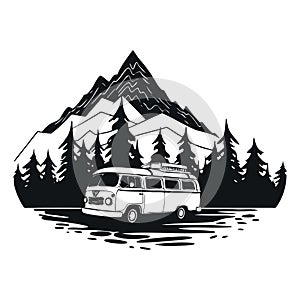 Camping car - retro van on mountains background.