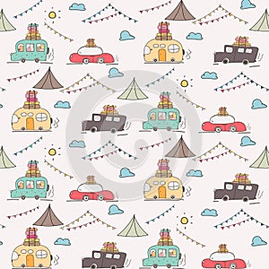 Camping Car Vector Pattern Background.