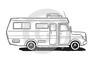 Camping caravan. Motorhome, amper car. Black and white van, hand drawn illustration.