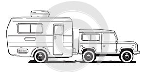 Camping caravan. Motorhome, amper car with trailer. Black and white hand drawn illustration.