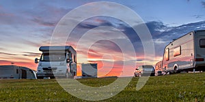 Camping caravans and cars  sunset photo