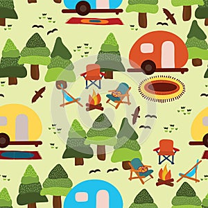 Camping caravans seamless vector pattern tile