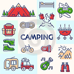 Camping card consisting of camper, mountain, backpack, bicycle for travel badge, kids camp