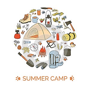 Camping card template. Bubble shape. Summer camp. Hiking icons colored sketch style set. Central round circle badge