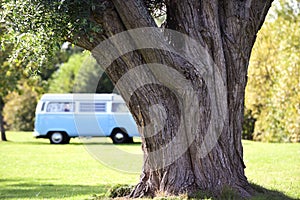 Camping in a classic style mobile home or rv at a campsite
