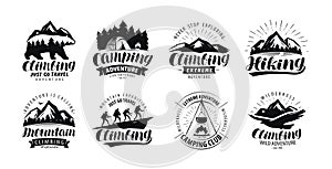 Camping, climbing logo or label. Hiking trip, hike set of icons. Lettering vector