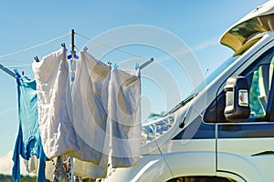 Camping. Clothes hanging to dry by camper rv