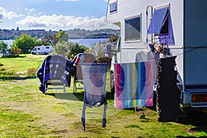 Camping. Clothes hanging to dry by camper rv