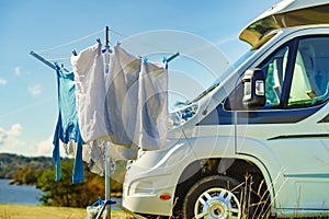 Camping. Clothes hanging to dry by camper rv