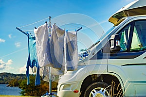 Camping. Clothes hanging to dry by camper rv