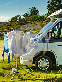Camping. Clothes hanging to dry by camper rv