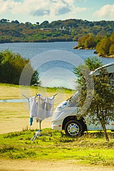 Camping. Clothes hanging to dry by camper rv