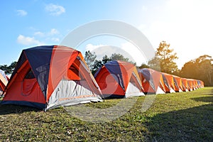 Camping and colorful tents on top of mountain journey in vacation