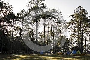 Camping and colorful tents on top of mountain journey in vacation