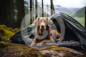 Camping companion: dog in tent in forest