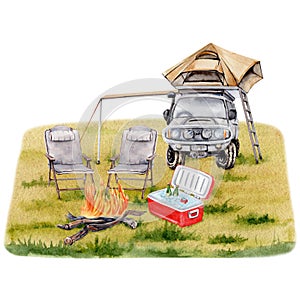 Camping composition. Car with roof top tent, awning, chairs, campfire, cooler box on grassy background. For travel prints, cards,