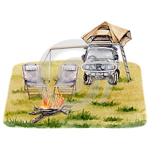 Camping composition. Car with roof top tent, awning, chairs, campfire on grassy background. For travel prints, cards, fliers,