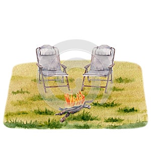 Camping composition of two folding chairs, campfire on grassy background. For tourist or travel prints, cards, fliers, designs.