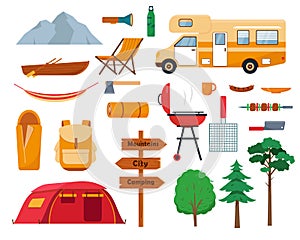 Camping elements equipment icons set tourism concept
