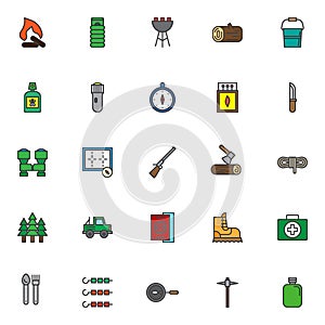 Camping elements filled outline icons set