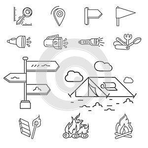 Camping elements outline icons set. linear style symbols collection, line signs pack. vector illustration