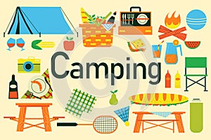 Camping elements. Picnic in park. Tent and fire. Food and drinks for outdoor meal. Travel equipment. Sandwich, lemonade