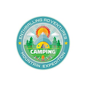 Camping - enthralling adventures - mountain expedition - vector badge illustration in flat style