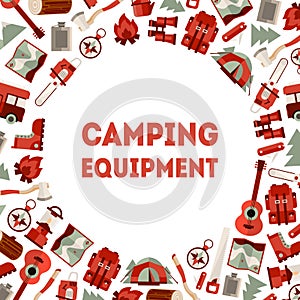 Camping Equipment Banner Template, Hiking Tools Round Frame, Outdoor Adventure Symbols Vector Illustration