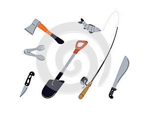 Camping equipment, gear. Hiking tools set. Ax, spade, pocket knife, penknife, fishing rod pole, machete. Survival