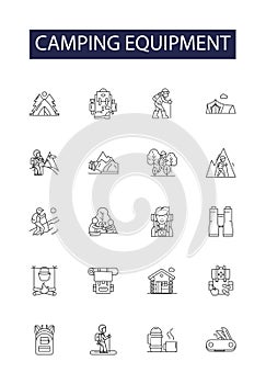 Camping equipment line vector icons and signs. Sleeping bag, Mat, Backpack, Camping stove, Lantern, Flashlight, Axe