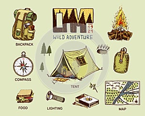 Camping equipment set, outdoor adventure, hiking. Traveling man with luggage. tourism trip. engraved hand drawn in old