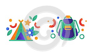 Camping Equipment Set, Tourist Backpack and Tent Flat Vector Illustration