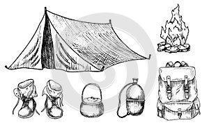 Camping equipment - tent, fire, backpack, flask and boots. Vector illustration of objects for hiking and traveling in a