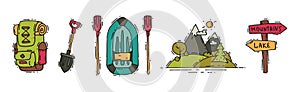Camping and Expedition Equipment with Backpack, Shovel, Boat, Mountains and Direction Post Vector Set