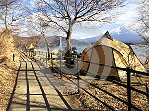 Camping field with mount Fuji view in Kawaguchiko lake at Japan