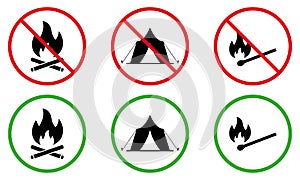 Camping Fire Allowed Zone Black Silhouette Icon Set. Forbidden Campfire Pictogram. Flame Stop Circle Symbol. Safety