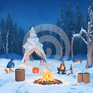 camping fire in forest in winter season background