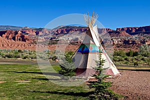 Camping at First Nation Teepee in American Wild West.