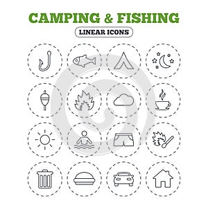 Camping and fishing icon. Coffee cup, hamburger.