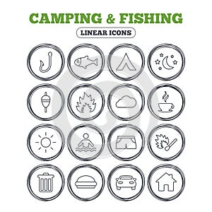 Camping and fishing icon. Coffee cup, hamburger.
