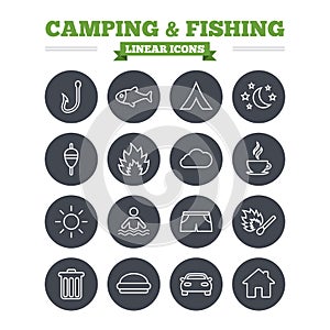 Camping and fishing linear icons set. Thin outline