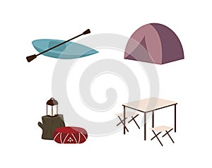 Camping flat color vector objects set. Picnic table and chairs.