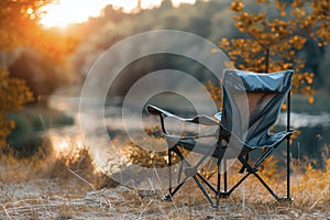 Camping folding chair, furniture, against a background of nature