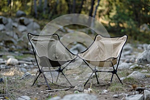 Camping folding chair, furniture, against a background of nature