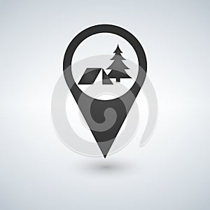 Camping forest base location icon. Drop shadow map pointer silhouette symbol. Vector isolated illustration.