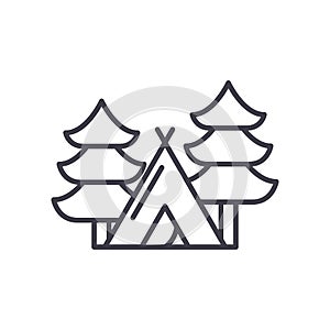 Camping in the forest black icon concept. Camping in the forest flat vector symbol, sign, illustration.