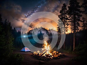 Camping in the forest with campfire